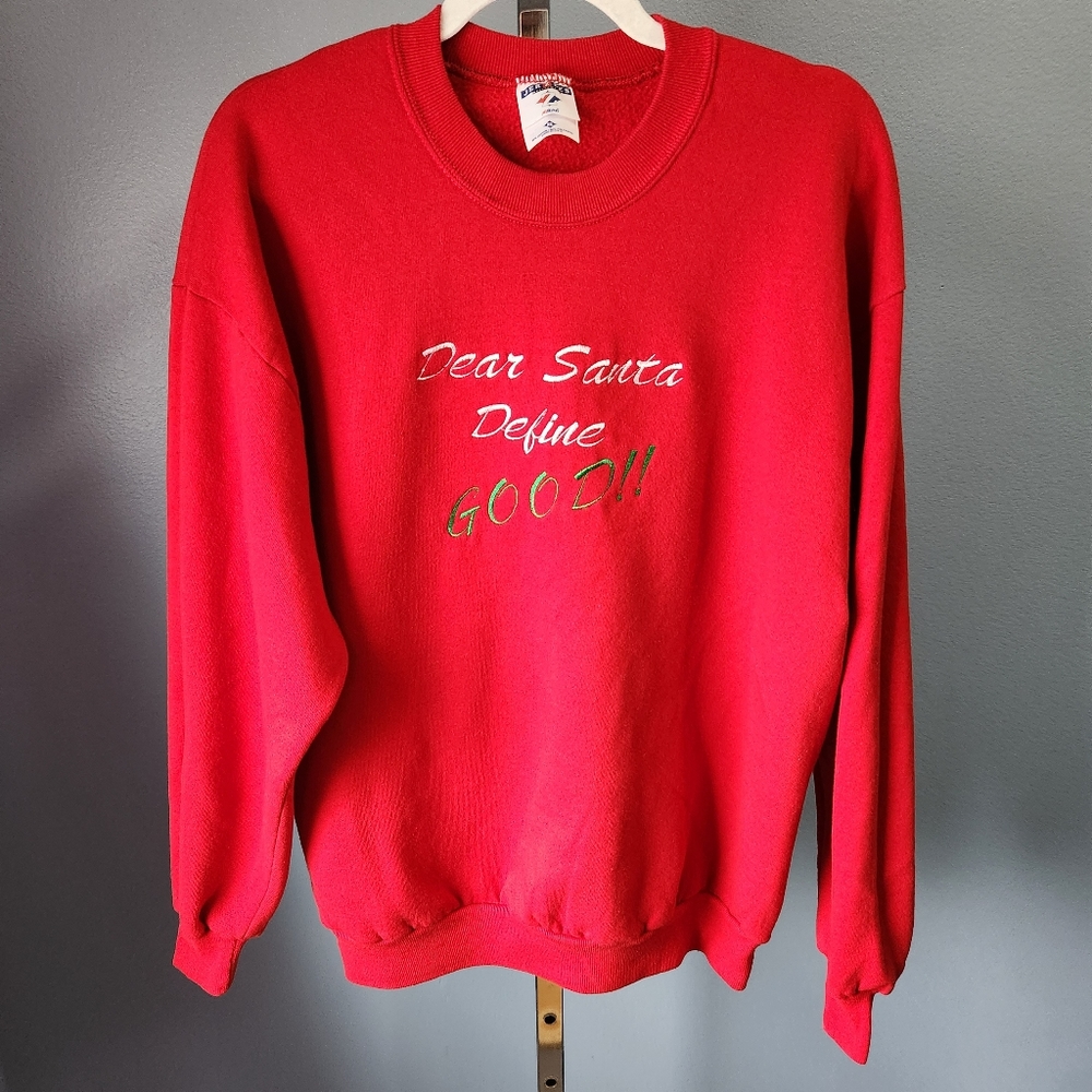 Festive Ugly Christmas Sweatshirt Dear Santa, Define Good! Red Crewneck Adult XL